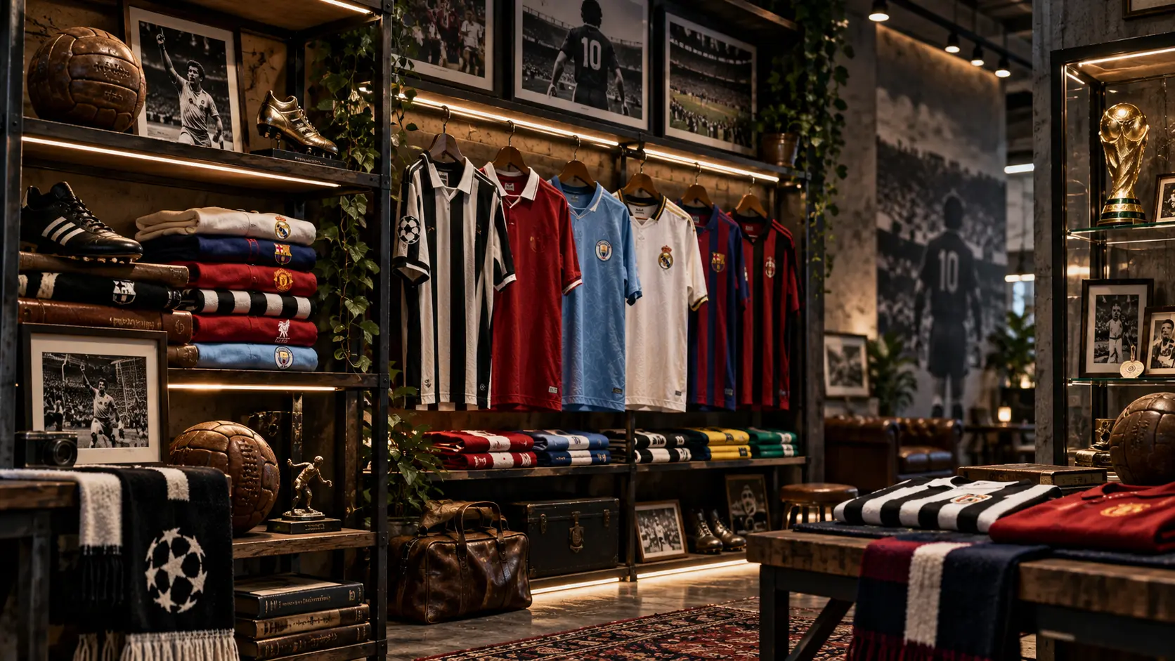 Shelves of football shirts, boots and memorabilia