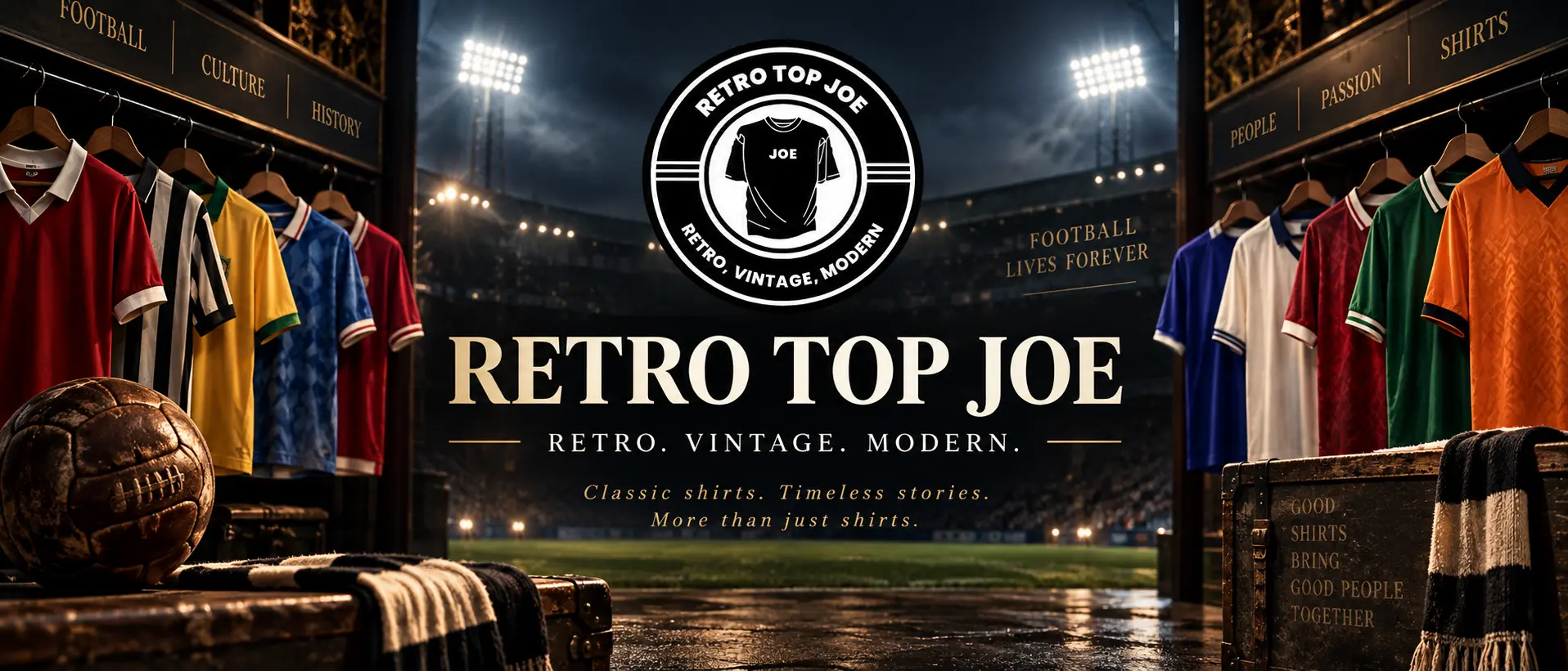 RetroTopJoe football shirts displayed in a floodlit stadium setting