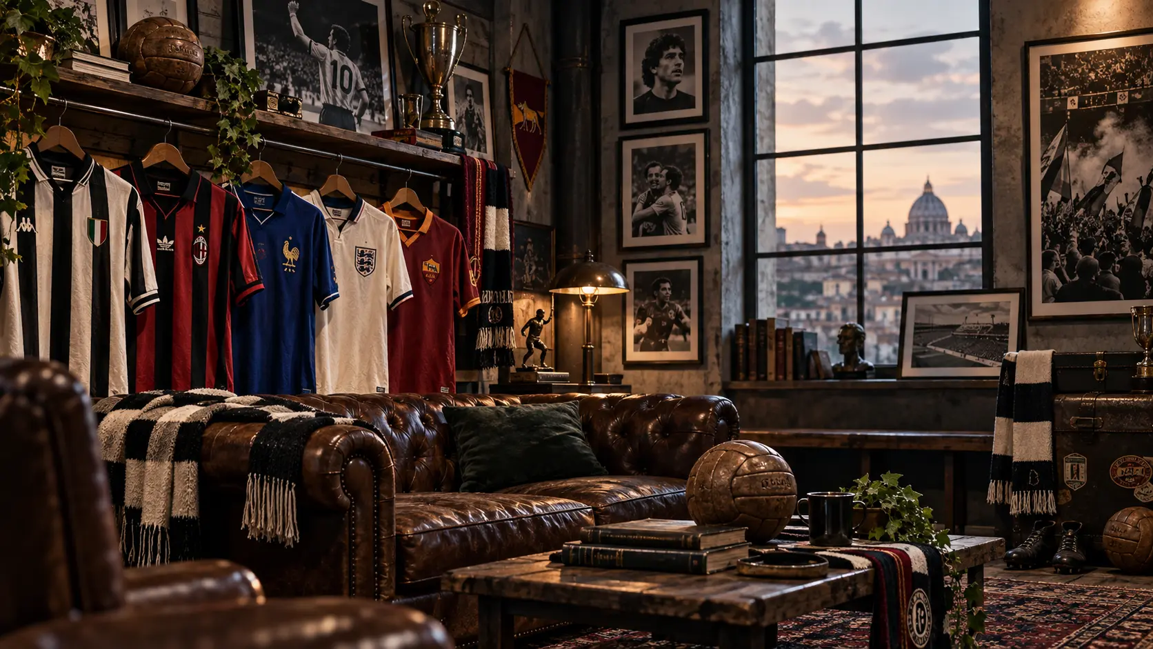 A football-themed lounge with hanging shirts, framed players, trophies, a leather sofa, scarves and a city view