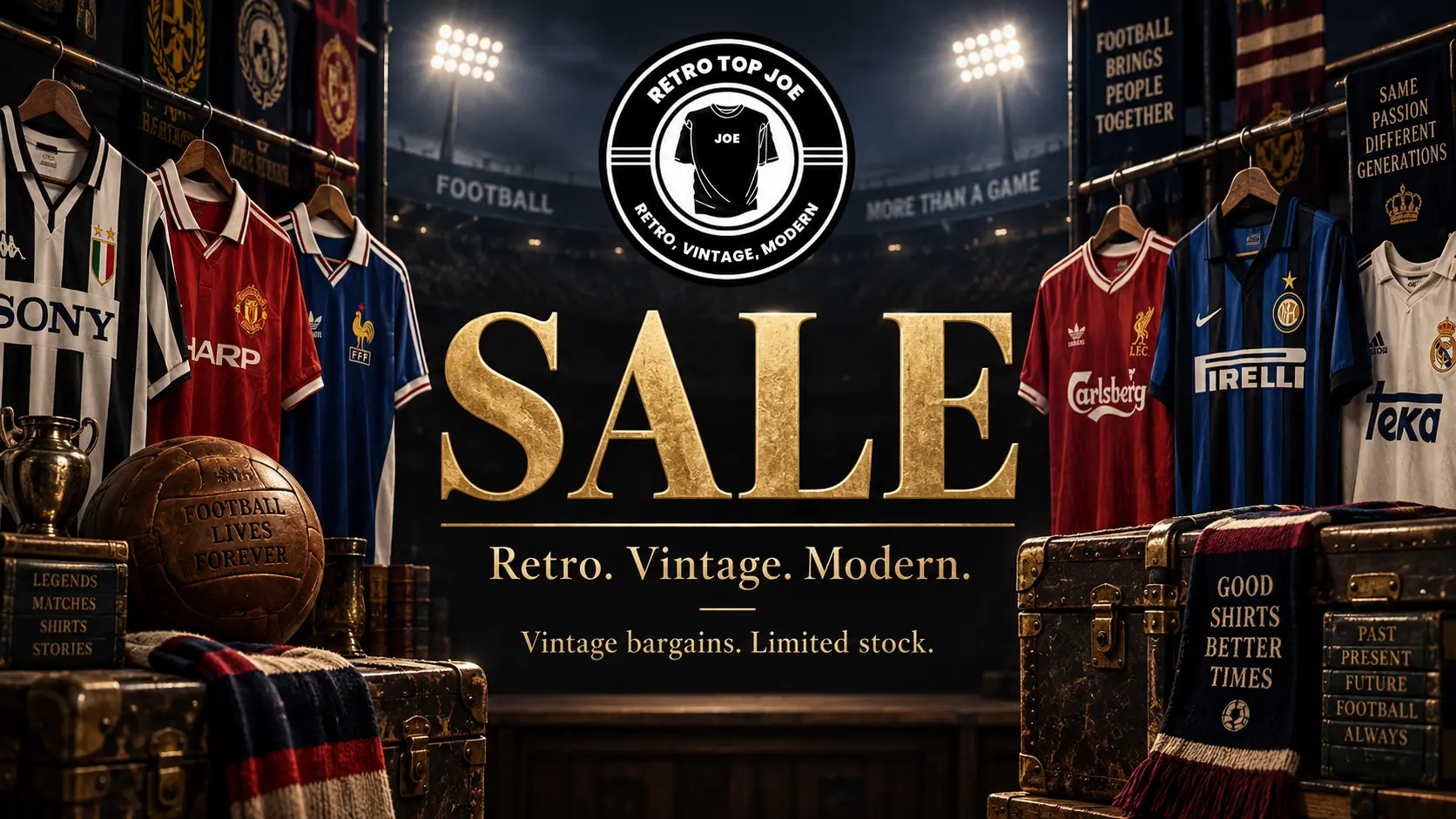 Retro football shirts on display