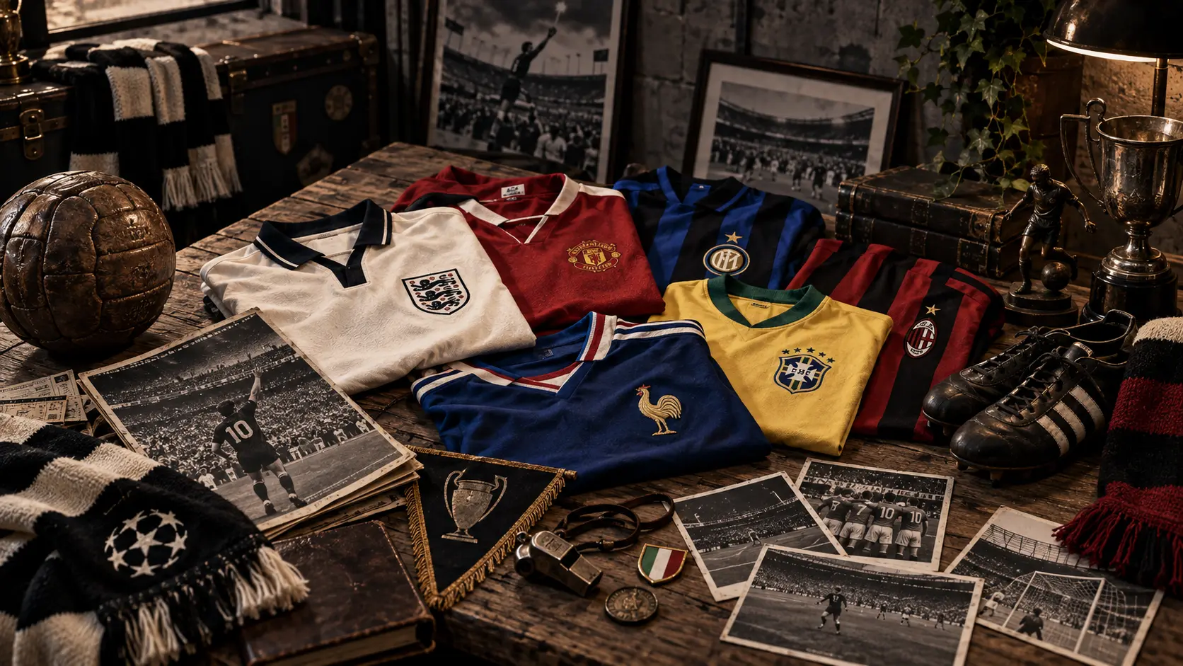 A tabletop collection of folded football shirts, scarves, boots, photographs, medals and memorabilia