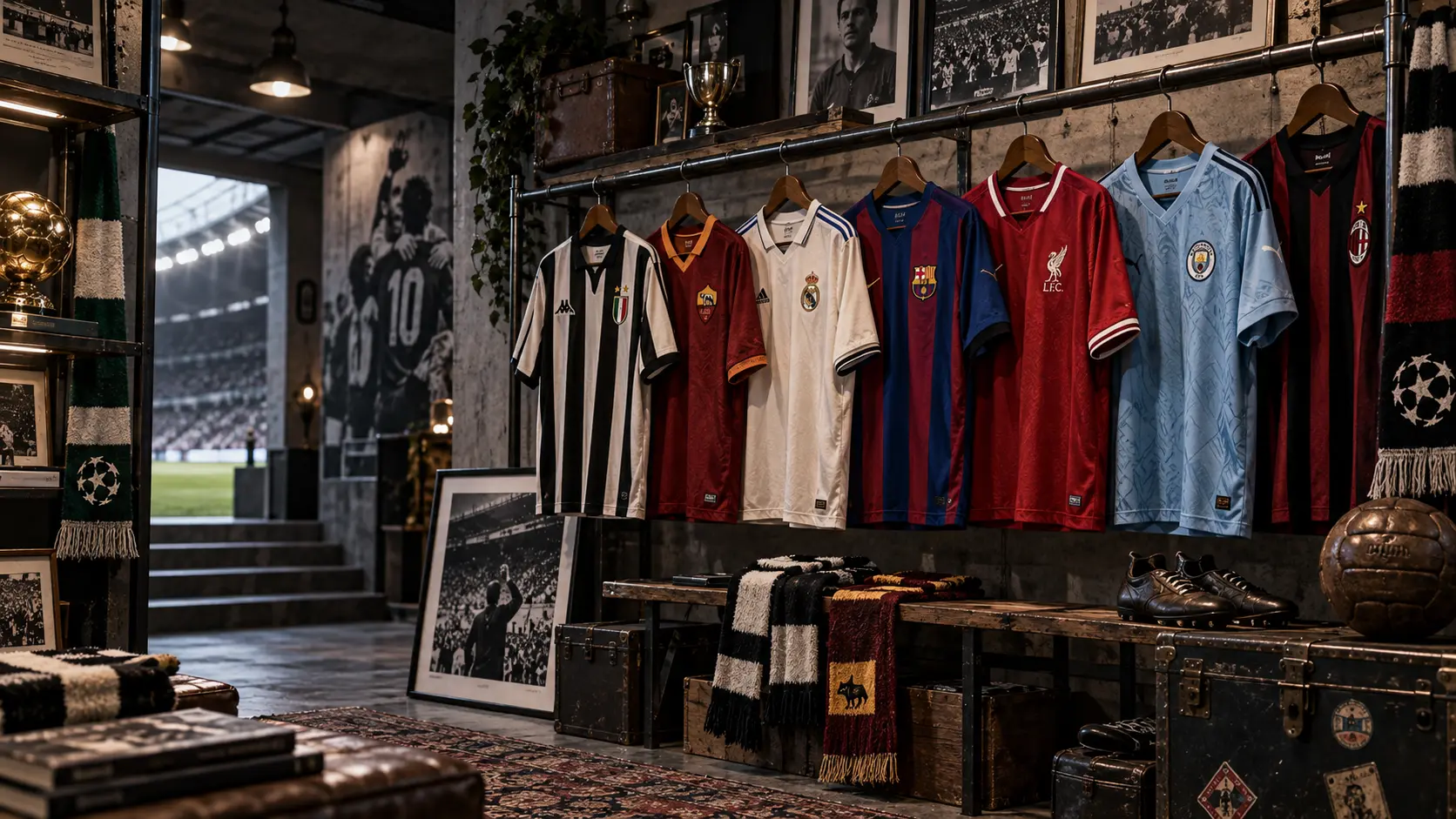 Football shirts displayed on a rail in a collector's shop